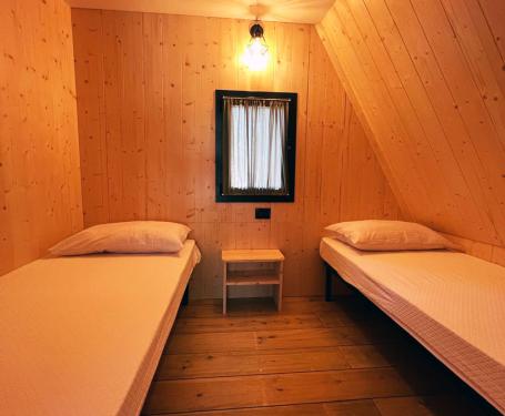 Cozy room with two single beds and wooden walls.