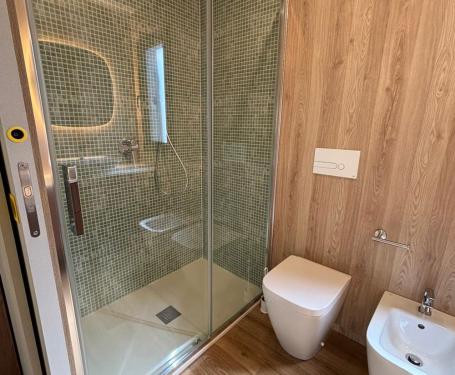 Modern bathroom with shower, bidet, and wooden floor.