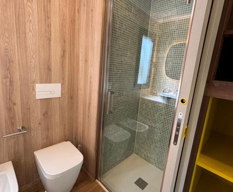 Modern bathroom with shower, toilet, and bidet, wooden walls.